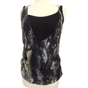 Isda & Co Black Silk Print Overlay Blousson Attached Racer Black Tank Top Sz S